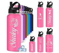 YoLLiEE Custom Personalised Water Bottles for Kids with Straw 12 18 24 32 40 oz Customised Engraved Insulated Stainless Steel Water Bottles with Name, Deep Pink Icon Style