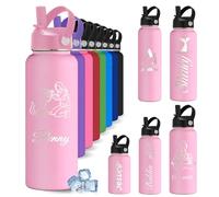 YoLLiEE Custom Personalised Water Bottles for Kids with Straw 12 18 24 32 40 oz Customised Engraved Insulated Stainless Steel Water Bottles with Name Photo, Pink