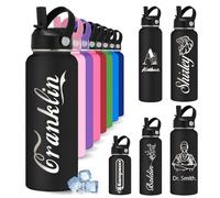YoLLiEE Custom Personalised Water Bottles for Kids with Straw 12 18 24 32 40 oz Customised Engraved Insulated Stainless Steel Water Bottles with Name Design, Black