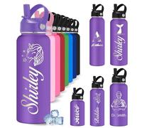 YoLLiEE Custom Personalised Water Bottles for Kids with Straw 12 18 24 32 40 oz Customised Engraved Insulated Stainless Steel Water Bottles with Name, Purple Icon Style