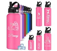 YoLLiEE Custom Personalised Water Bottles for Kids with Straw 12 18 24 32 40 oz Customised Engraved Insulated Stainless Steel Water Bottles with Name Photo, Deep Pink
