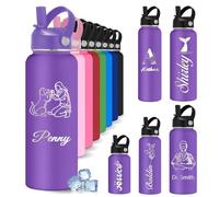 YoLLiEE Custom Personalised Water Bottles for Kids with Straw 12 18 24 32 40 oz Customised Engraved Insulated Stainless Steel Water Bottles with Name Photo, Purple