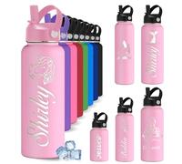 YoLLiEE Custom Personalised Water Bottles for Kids with Straw 12 18 24 32 40 oz Customised Engraved Insulated Stainless Steel Water Bottles with Name, Pink Icon Style