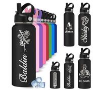 YoLLiEE Custom Personalised Water Bottles for Kids with Straw 12 18 24 32 40 oz Customised Engraved Insulated Stainless Steel Water Bottles with Name, Black Birthflower
