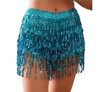 Yollmart Women's Sequins Tassel Skirts Shorts Booty Dance Festival Bottoms, Blue, XL