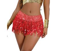 Yollmart Women's Sequins Tassel Skirts Shorts Booty Dance Festival Bottoms, X Red, L