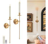 Yollzey Candle Holder Wall Sconces with Battery Operated Candles and Remote Control, Wall Sconces Set of Two Home Decor, Battery Candles Candle Sticks Holder with Flameless Flickering Taper Timer Gold