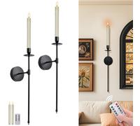 Yollzey Wall Candle Holder Sconces with Battery Operated Candles Remote Control, Wall Sconces Set of Two Home Decor, Flameless Flickering Taper Battery Candles Sticks Holder Decor with Timer Black