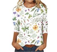 Yoloke 2023 Women Tops and Blouses Long Sleeve Tops for Work UK Printed T-Shirt Mid-Length 3/4 Sleeves Blouse Round Neck Casual Tops Ladies Business Office Loose Top Spring/Summer/Fall