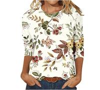 Yoloke 2023 Women Tops and Blouses Long Sleeve Tops for Work UK Printed T-Shirt Mid-Length 3/4 Sleeves Blouse Round Neck Casual Tops Ladies Business Office Loose Top Spring/Summer/Fall
