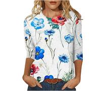 Yoloke 2023 Women Tops and Blouses Long Sleeve Tops for Work UK Printed T-Shirt Mid-Length 3/4 Sleeves Blouse Round Neck Casual Tops Ladies Business Office Loose Top Spring/Summer/Fall