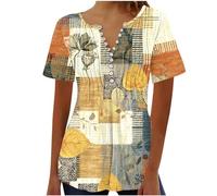 Yoloke Lightning Deals of Today 2023 Womens Tops Dressy UK Casual Short Sleeve Hide Belly Shirts Summer Pleated Button V Neck T-Shirt Sale Clearance Ladies Floral Tunic Tops