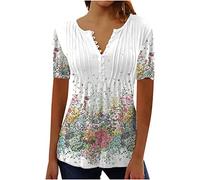Yoloke Today Deals Prime 2023 Womens Tops Dressy UK Casual Short Sleeve Hide Belly Shirts Summer Pleated Button V Neck T-Shirt Sale Clearance Ladies Floral Tunic Tops