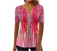 Yoloke Today Deals Prime 2023 Womens Tops Dressy UK Casual Short Sleeve Hide Belly Shirts Summer Pleated Button V Neck T-Shirt Sale Clearance Ladies Floral Tunic Tops