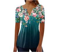 Yoloke Today Deals Prime 2023 Womens Tops Dressy UK Casual Short Sleeve Hide Belly Shirts Summer Pleated Button V Neck T-Shirt Sale Clearance Ladies Floral Tunic Tops