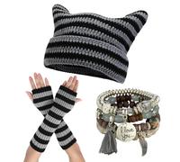 yolrdiw Therian Stuff Emo Grunge Fingerless Gloves Cute Cat Ears Hat Fairycore Stackable Bracelets, Grey, One Size