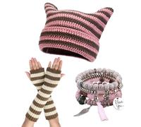 yolrdiw Therian Stuff Emo Grunge Fingerless Gloves Cute Cat Ears Hat Fairycore Stackable Bracelets, Pink, One Size