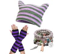 yolrdiw Therian Stuff Emo Grunge Fingerless Gloves Cute Cat Ears Hat Fairycore Stackable Bracelets, Purple, One Size