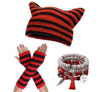 yolrdiw Therian Stuff Emo Grunge Fingerless Gloves Cute Cat Ears Hat Fairycore Stackable Bracelets, Red B, One Size