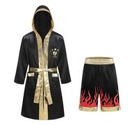 yolsun Men Boxing Costume Black Boxer Hooded Robe and Shorts Set Halloween (Flame, X-Large)