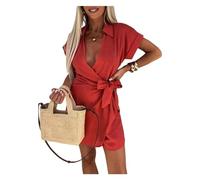 YOMACY Women's Cotton Linen Sexy V Neck Romper,Casual Lapel Short Sleeve Mini Jumpsuit,Lace-up Lapel Jumpsuit,Bodysuit Ladies Office Elegant Overall for Work Party Club Wedding(Red,M)