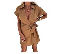 YOMACY Women's Cotton Linen Sexy V Neck Romper,Casual Lapel Short Sleeve Mini Jumpsuit,Lace-up Lapel Jumpsuit,Bodysuit Ladies Office Elegant Overall for Work Party Club Wedding(Brown,L)