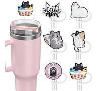 yomanta 6pcs Straw Cover for Stanley Cup for 10mm Dust-Proof Silicone Stanley Straw Topper Accessories, Reusable Straws Cover for Stanley 40/30 Oz Tumbler - Pink Cat