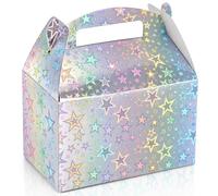 Yomdug 50 Pcs Iridescent Star Party Favor Boxes, 5.9" × 3.5" × 3.5" Gable Treat Box for Candy Snacks Gifts, Candy Boxes with Handle for Party & Wedding, Silver