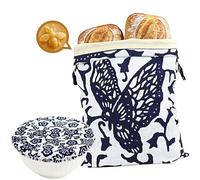 YOMENO Beeswax Bread Bag XL 13x17in with Removable Lining Bowl Cover 10in Reusable Sourdough Bread Bags for Homemade Bread Storage Cotton Wax Wrap Asian Plant Batik