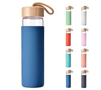 Yomious 20 Oz Borosilicate Glass Water Bottle with Bamboo Lid and Silicone Sleeve - Reusable BPA Free - Glass Drinking Bottle with Lids - Cute Glass Bottle for Women - Glass Shaker Bottle(Navy Blue)