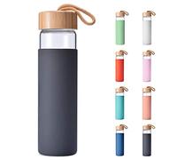 Yomious 20 Oz Borosilicate Glass Water Bottle with Bamboo Lid and Silicone Sleeve - Reusable BPA Free - Cute Drinking Bottle for Women - Shaker Bottle