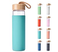 Yomious Borosilicate Glass Water Bottle with Bamboo Lid and Silicone Sleeve - 20 oz - BPA Free - Eco Friendly and Reusable - Leak Proof Design - Carry Strap Built Into Lid (Arcadia)
