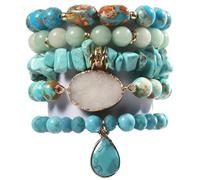 Yomisa 5pcs 6pcs Natural Boho Beads Bracelet Bangle for Women Men Healing Turquoise Jasper Agate Crystal Gemstone Chakra Multilayer Wrap Bohemian Handmade Jewelry Beads Stretch Bracelet Set, Round