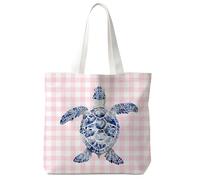 Yomisex Blue and White Chinoiserie Sea Turtle Canvas Tote Bag, Blue Coastal Beach Turtle Tote Bag for Women, Pink Checkered Ocean Sea Animal Reusable Shopping Grocery Bags