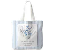 Yomisex Blue Floral Christian Canvas Tote Bag, His Mercies are New Every Morning Bible Verse Scripture Tote Bag for Women, Cottagecore Blue Striped Flower Religious Reusable Shopping Grocery Bags