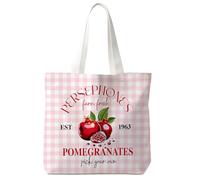 Yomisex Pink Persephone's Pomegranates Canvas Tote Bag, Retro Ancient Greek Mythology Tote Bag for Women, Pink and White Checkered Reusable Shopping Grocery Bags