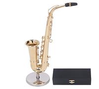 Yomiyuyr Miniature Saxophone Ornament, 6.3 Inch Alto Saxophone Model, Decorative Pocket Saxophone Replica with Brass Finish, Storage Box, and Base