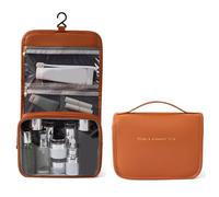 Yomiyuyr Portable Travel Toiletry Bag, Large Capacity PU Leather Organizers with Handle, Multi Compartment for Cosmetics and Fundamentals, Watertight Travel Makeup Bag (Brown)