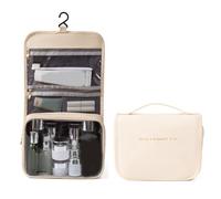 Yomiyuyr Portable Travel Toiletry Bag, Large Capacity PU Leather Organizers with Handle, Multi Compartment for Cosmetics and Fundamentals, Watertight Travel Makeup Bag (Beige)