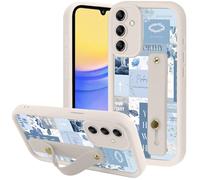 Yomjew Blue Jesus God Collage Phone Case for Samsung Galaxy A15 5G 6.5" with Adjustable Soft Finger Hand Wrist Strap, Christian Quote Flower Design Cover Shockproof TPU Bumper Case for Girls Boy