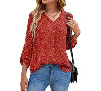 Yommay Blouses for Women Elegant Chiffon Blouses Tops Lovely Comfortable Long Sleeve Tops V Neck Business Work Shirts,Flower Wine Red,L
