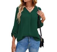 Yommay Blouses for Women Elegant Chiffon Ladies Blouses Lovely Comfortable Long Sleeve Tops V Neck Business Work Shirts,Dark Green,L