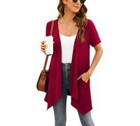 Yommay Cardigan Sweaters for Women Plus Size Short Sleeve Open Front Cover Up Light Blazer Drape Summer Cardigans Jacket with Pockets Casual Shrug Top,Wine Red,3XL