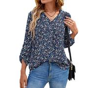 Yommay Women's Blouses Ladies Tops Elegant 3/4 Sleeve Chiffon Casual Fashion V-Neck T Shirts for Fall,Flower Navy Blue,2XL