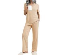 Yommay Women's Pajama Sets Short Sleeve Ladies Top Wide Leg Pants with Pockets Lightweight Comfy Nightwear Sleepwear,Apricot,2XL