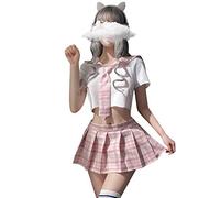 YOMORIO School Girl Outfit Anime Lingerie Japanese Korean School Uniform Sailor Plaid Costumes, Pink, S