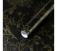 Yomshi Self Adhesive Wallpaper Pure Black and Gold Floral Leaf Peel and Stick Wallpaper Bird 44CM×10M Botanical Contact Paper Removable Stick on Wallpaper Living Room Bedroom Decorative Film