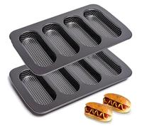 Yomvzake Hot Dot Bun Pan Set of 2, Perforated Carbon Steel Non-Stick Hotdog Bun Mold Bread Forms Crispy Mini Baguette Sandwich Baking Tray for Hot Dog Bun Rolls