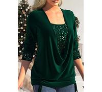 YOND Fashion Sequin Splicing Big Drop Neck Fake Two Piece Tops Women Loose Pleated Tees Solid Color Commuter Cotton T-Shirts Female-Dark Green,M