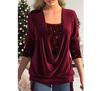 YOND Fashion Sequin Splicing Big Drop Neck Fake Two Piece Tops Women Loose Pleated Tees Solid Color Commuter Cotton T-Shirts Female-Claret,M